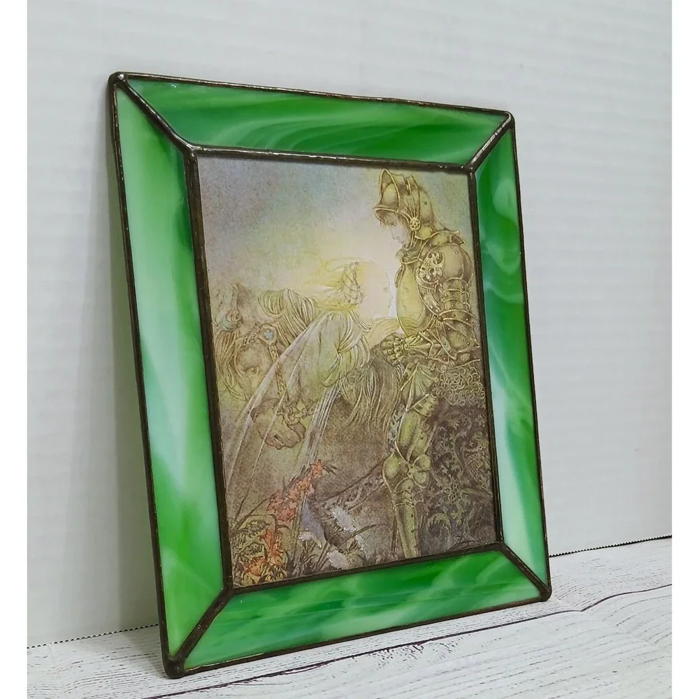 Stained glass fantasy themed art panel wall hanging green w/ permanent picture